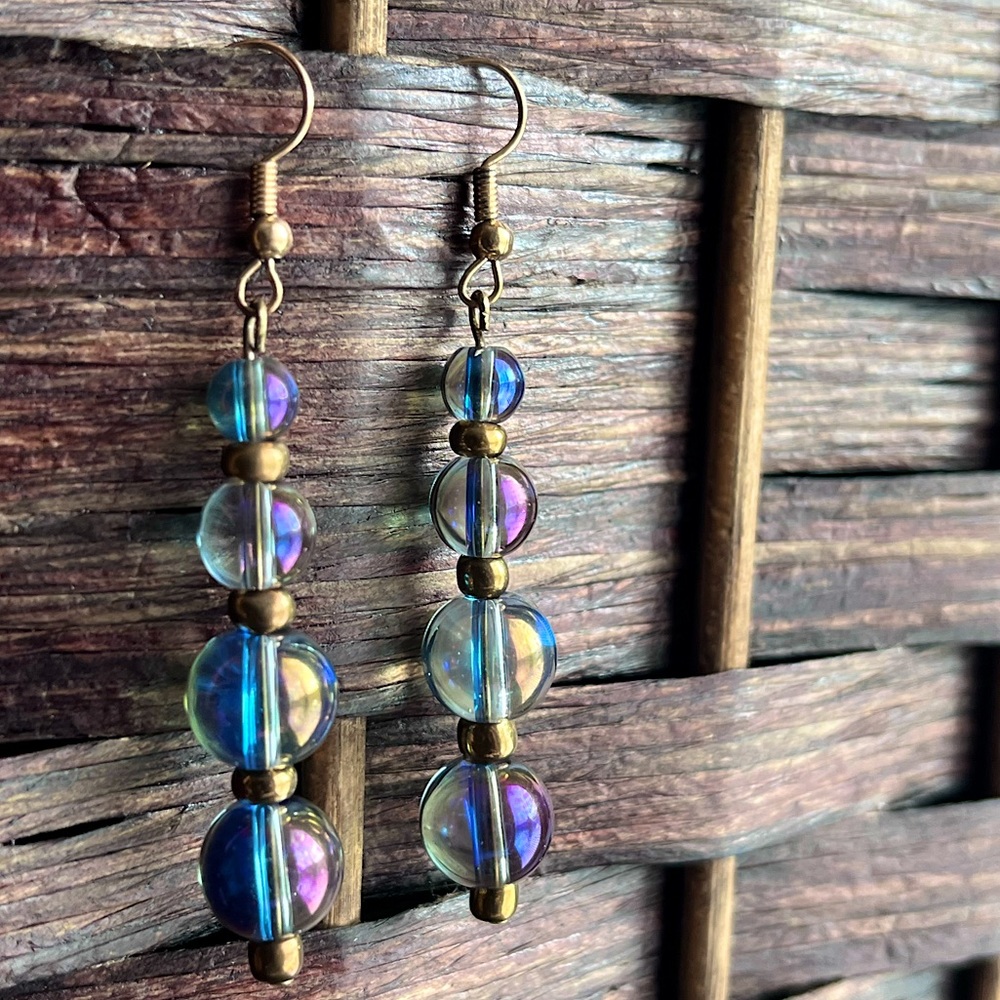 Rainbow Iridescent Glass Bead Drop Earrings